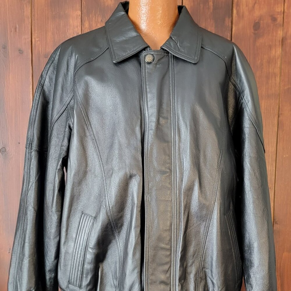 Vintage Charles Klein Men Black‎ Leather Bomber Jacket XLT Elastic Waist Iconic